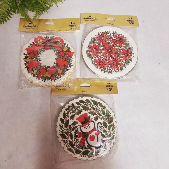Vintage Hallmark Paper Coasters 3 Pkgs Christmas Snowman Wreath Poinsettias MIP - Picture 7 of 7